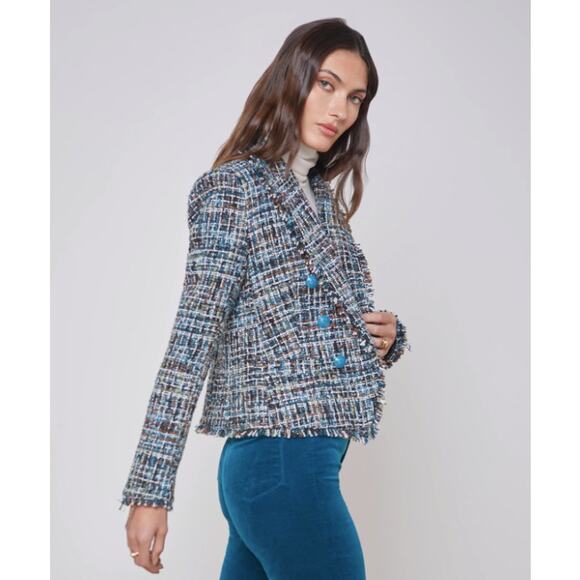 L'Agence Brooke Double Breasted Fringe Tweed Open Front Blazer Blue Multi 10 - Picture 4 of 8